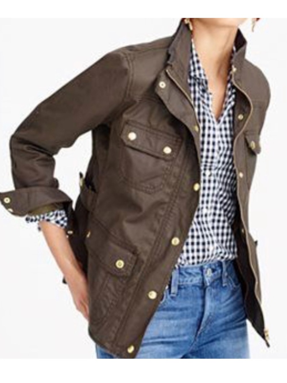 J.Crew Womens The Downtown Field Jacket Green Military Style Waxed Cotton